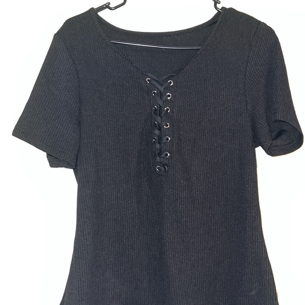 SHEIN Black Lace-Up Short Sleeve Top